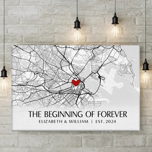 Location Map The Beginning Of Forever - Couple Personalized Custom Map Horizontal Canvas - Map Art, Gift For Husband Wife, Anniversary, Long Distance Relationship