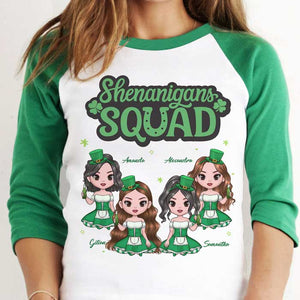 Best Friends, Shenanigans Squad - Gift For Besties, Personalized St. Patrick's Day Unisex Raglan Shirt.