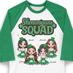 Best Friends, Shenanigans Squad - Gift For Besties, Personalized St. Patrick's Day Unisex Raglan Shirt.