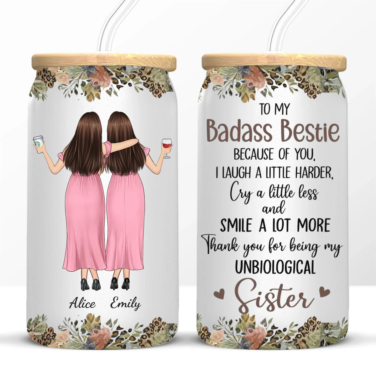 Laughter Shared, Memories Made - Bestie Personalized Custom Glass Cup, Iced Coffee Cup - Gift For Best Friends, BFF, Sister