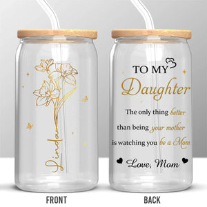 Her Love Blossoms Endlessly - Family Personalized Custom Glass Cup, Iced Coffee Cup - Mother's Day, Gift For Mom, Daughter