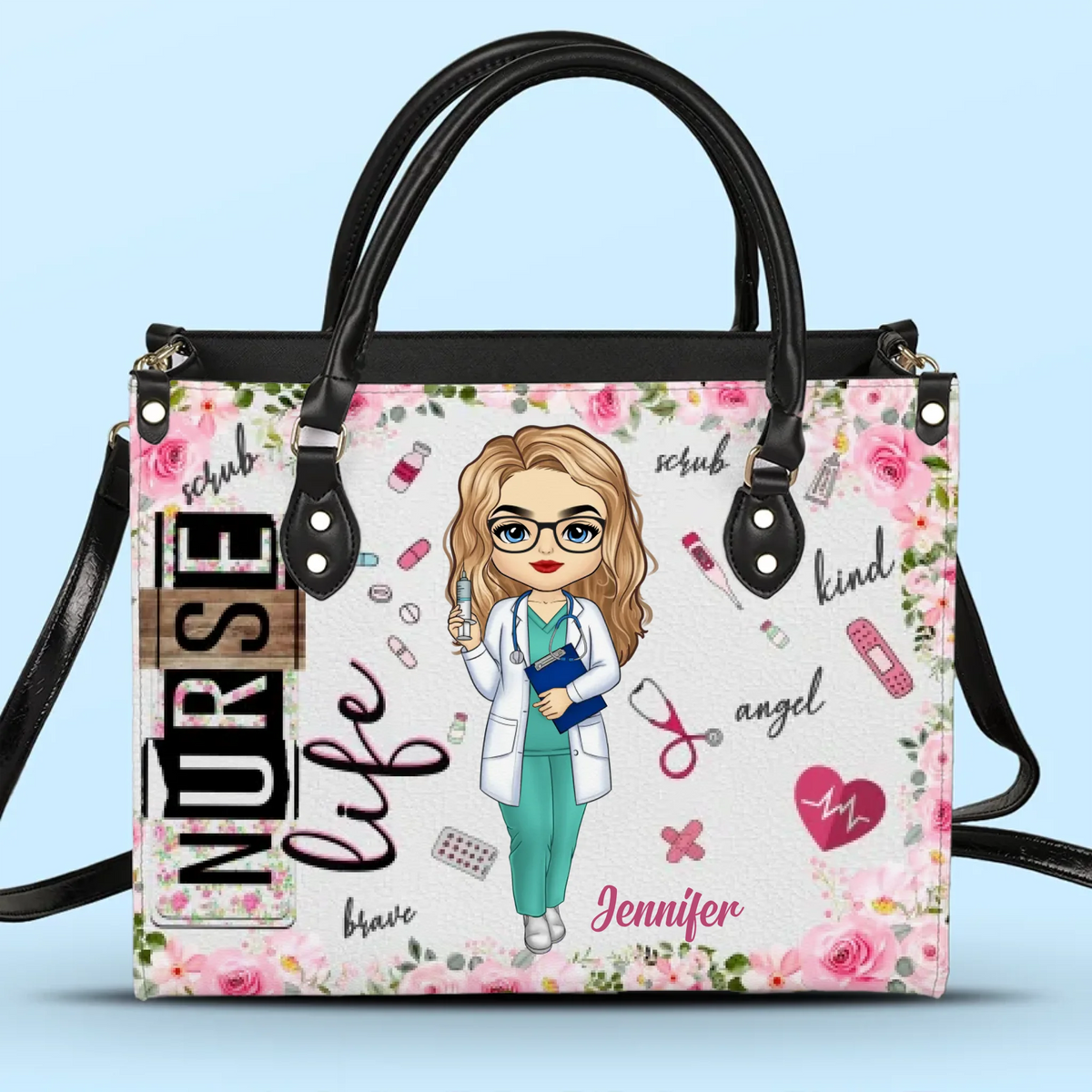 Sweet As Roses, Strong As Steel - Nurse Personalized Custom Leather Handbag - Appreciation, Thank You Gift, Nurse Life, Doctor Life