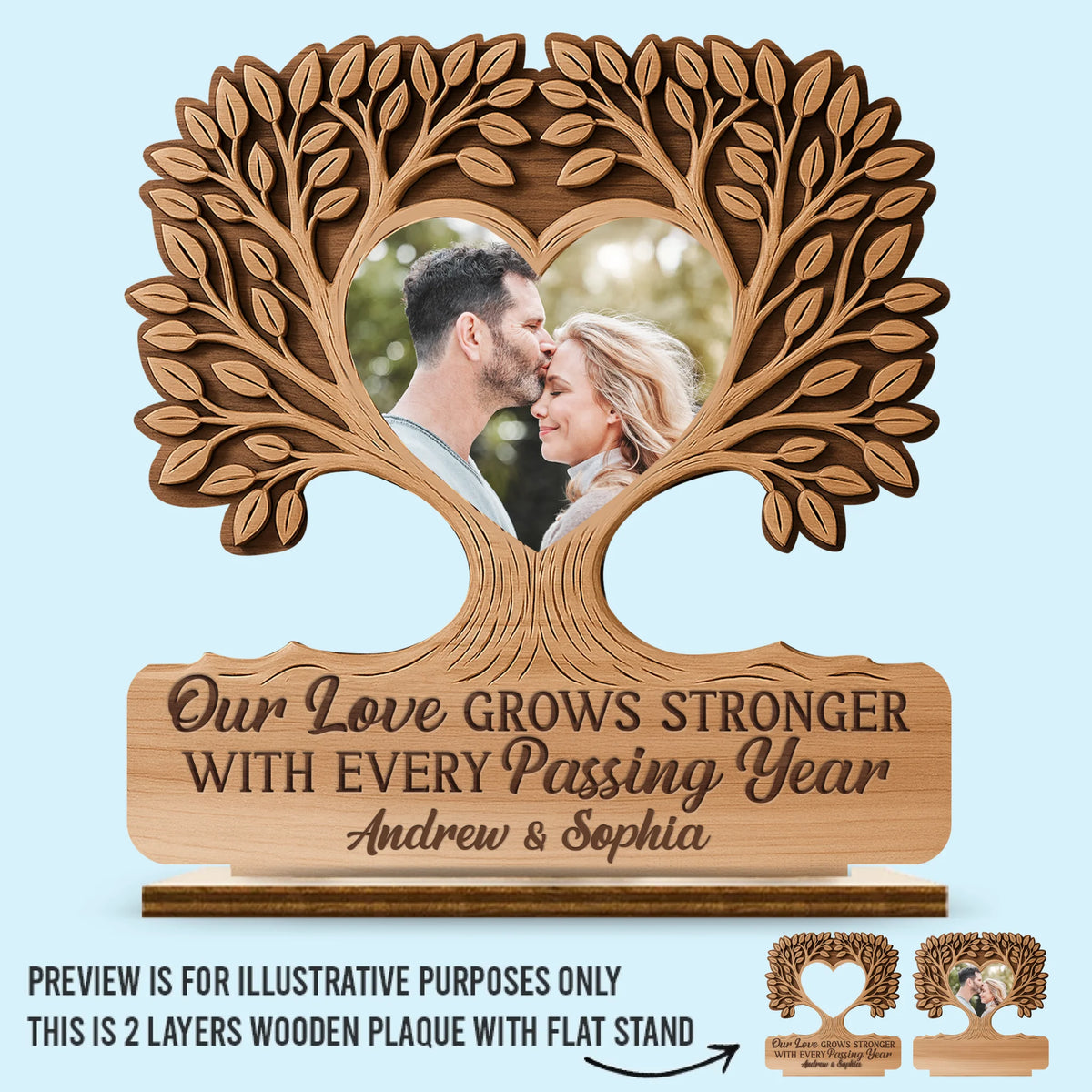 Custom Photo 2-Layered Wooden Plaque - Personalized Anniversary Wedding Gifts For Husband And Wife, Him And Her - Our Love Grows Deeper And Stronger