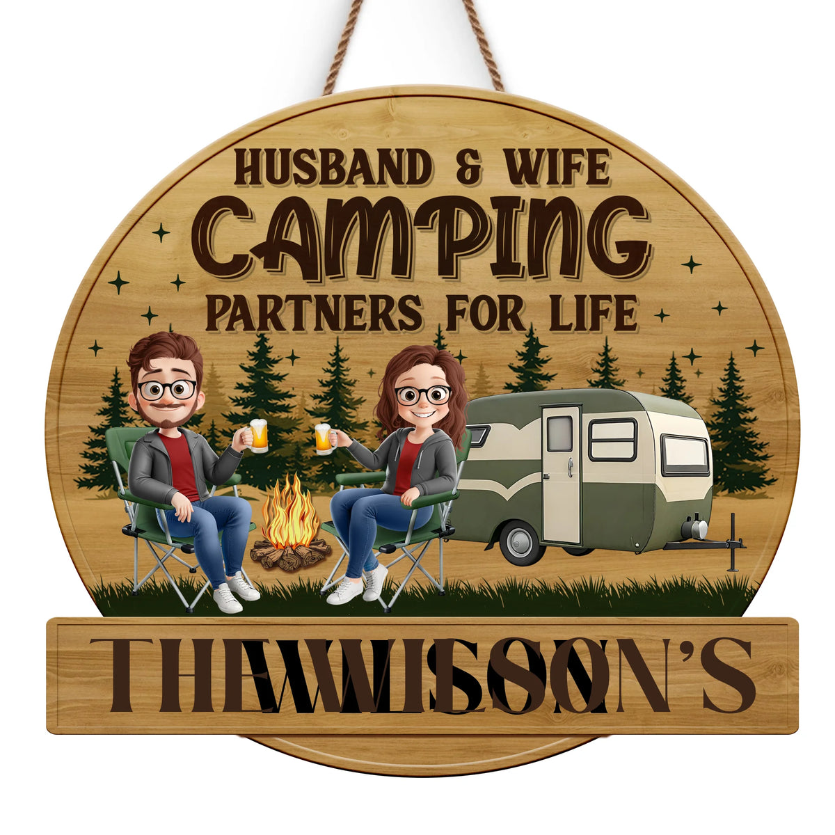 Custom Shaped Home Decor Wood Sign - Personalized Camping Gifts For Husband And Wife, Him And Her - Camping Partners For Life