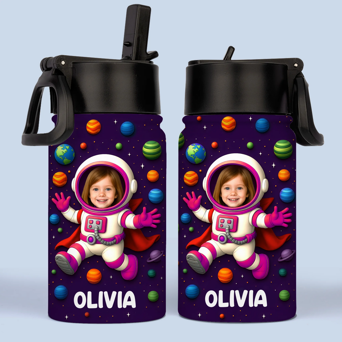 Custom Photo 3D Inflated Effect Printed Kids Water Bottle - Personalized Back To School Gifts For Kids - Dreams Launch Beyond The Stars