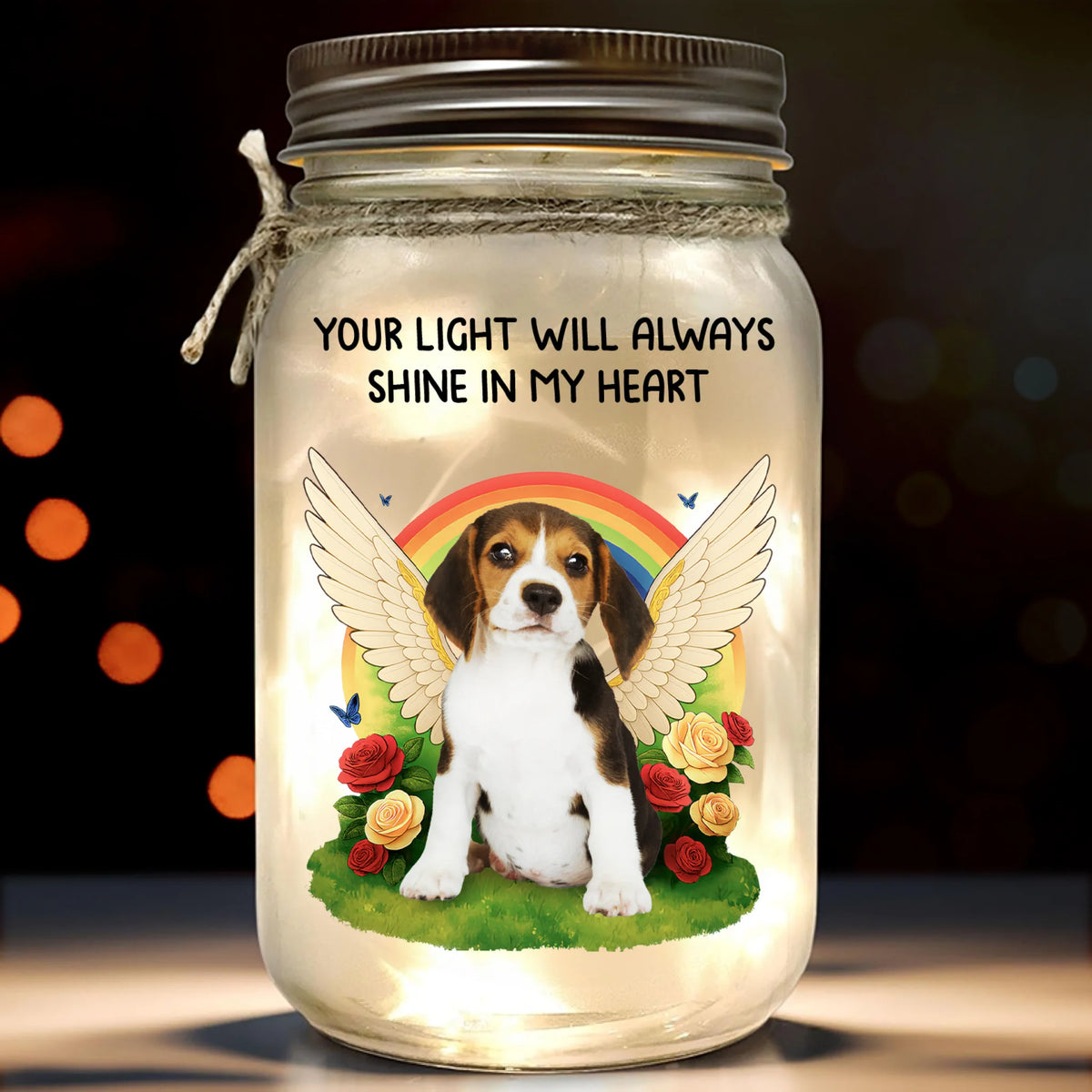 Custom Photo Mason Jar Light - Personalized Pet Christmas Memorial Sympathy Gifts For Dogs, Cats - Together Beyond The Rainbow