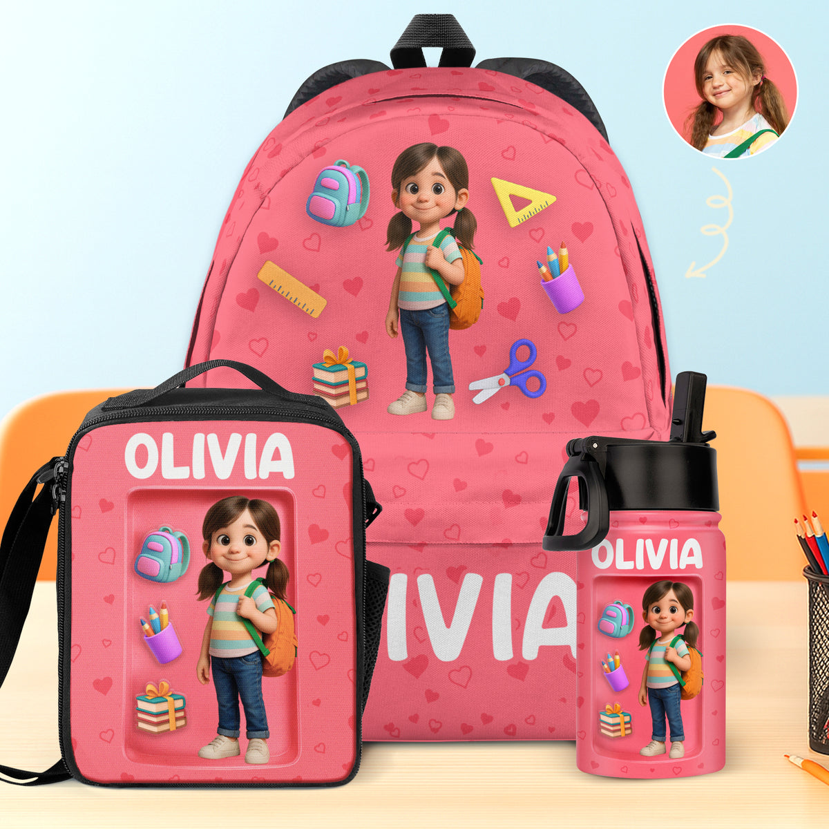 Custom Photo Kids Backpack, Water Bottle, Lunch Bag - Personalized Back To School Gifts For Kids - Hydrate For Learning And Play