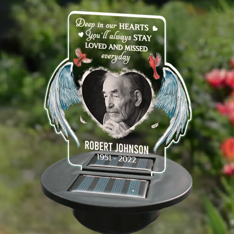 Custom Photo Deep In Our Hearts You'll Always Stay Loved And Missed Everyday - Memorial Personalized Custom Garden Solar Light - Sympathy Gift For Family Members