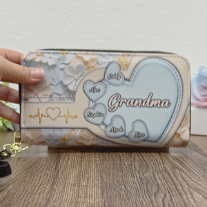 Held In Her Heart, Loved For A Lifetime - Family Personalized Custom Leather Long Wallet - Mother's Day, Gift For Mom, Grandma