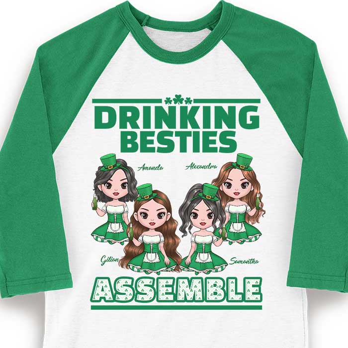 Drinking Besties Assemble -  Gift For Besties, Personalized St. Patrick's Day Unisex Raglan Shirt.