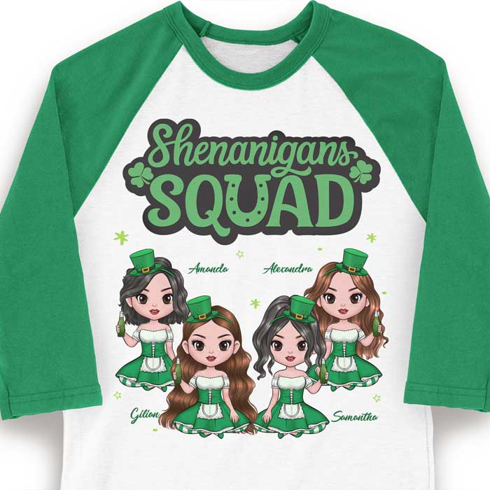 Best Friends, Shenanigans Squad - Gift For Besties, Personalized St. Patrick's Day Unisex Raglan Shirt.