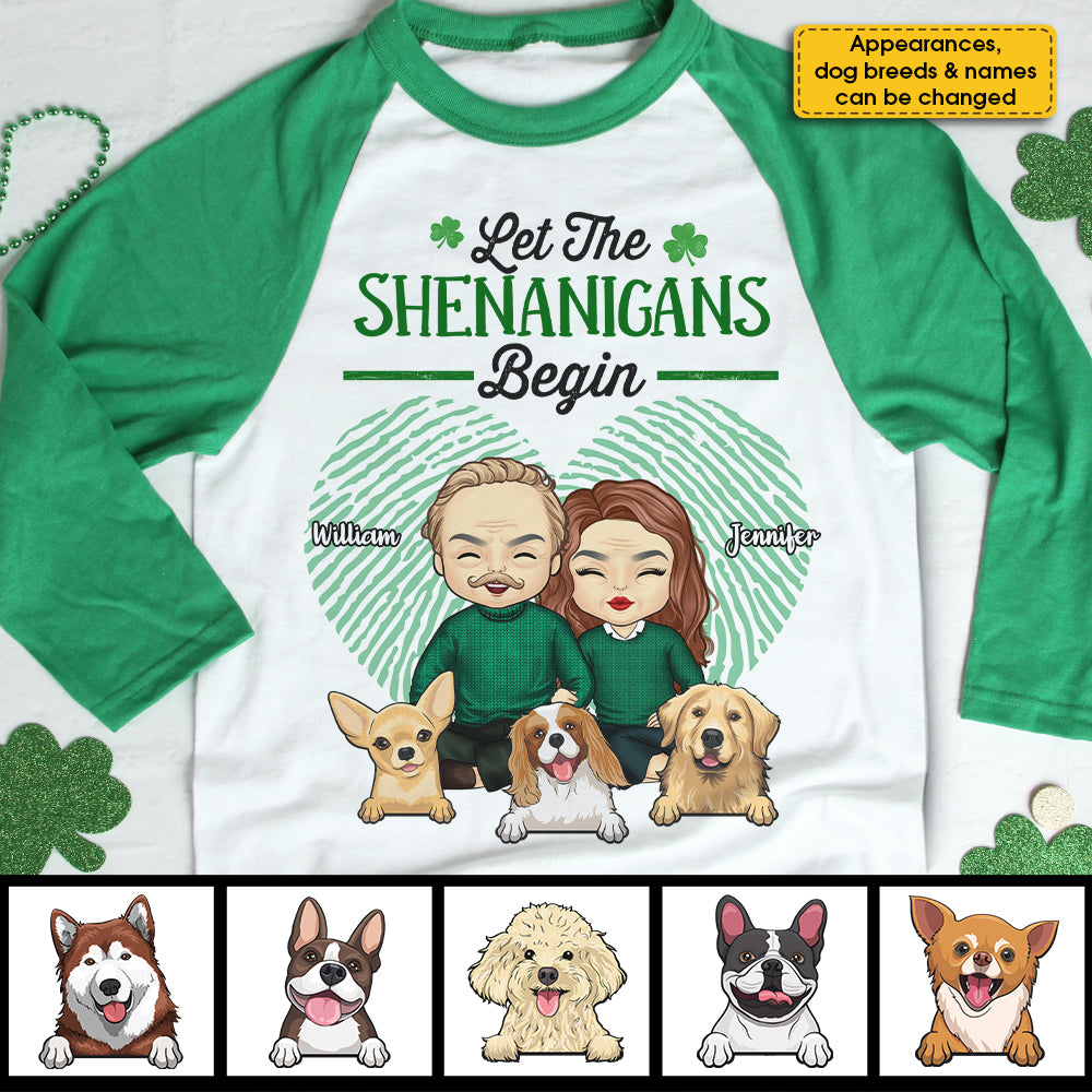 Let The Shenanigans Begin, Couple And Pets - Gift For Couples, Husband Wife, Personalized St. Patrick's Day Unisex Raglan Shirt.