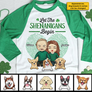 Let The Shenanigans Begin, Couple And Pets - Gift For Couples, Husband Wife, Personalized St. Patrick's Day Unisex Raglan Shirt.